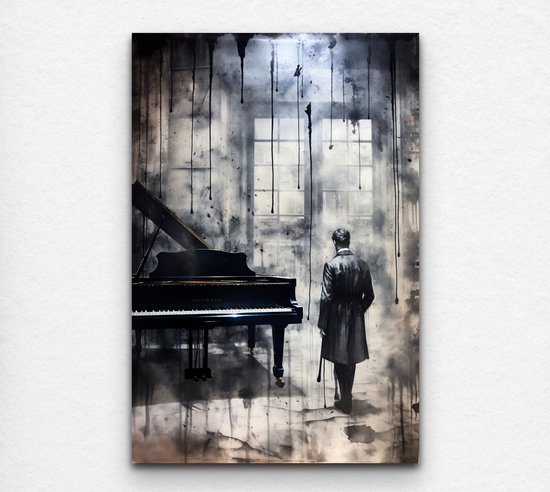 woonkamer schilderij - schilderij piano - muziek schilderij - vintage schilderij - dibond schilderij - zwart wit schilderij - 60 x 90 cm 6mm