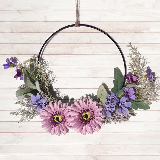 Deurkrans, decoratie, kunstbloemen, gerbera-krans, slinger, welkom, slinger, lente, wandkrans, metalen decoratieve ringen, lentedecoratie voor Pasen, bruiloft, woonkamer, bruiloft