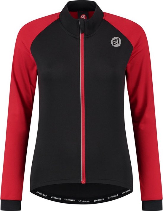 Zwart fietsshirt met lange rode mouwen en rits. Logo op linkerborst.