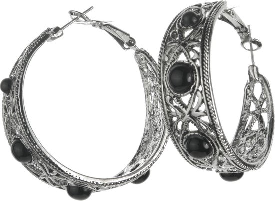 Behave Oorbellen - vintage oorringen met gekleurde steentjes - zilver kleur - zwart - 4cm