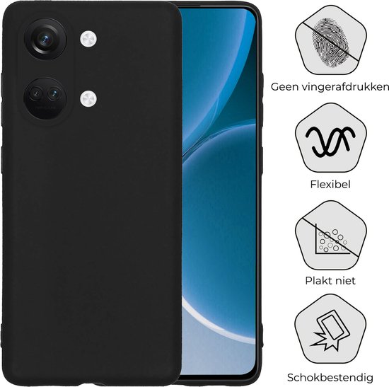 Zwarte telefoonhoes, met informatieblokken die 'Geen vingerafdrukken', 'Flexibel', 'Plakt niet' en 'Schokbestendig' aangeven.