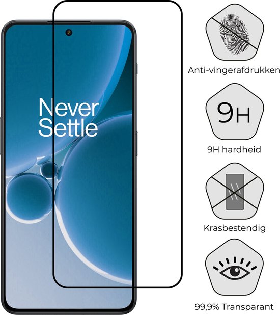 Smartphone met beschermfolie, met pictogrammen voor anti-vingerafdruk, 9H hardheid, krasbestendig en 99,9% transparant.
