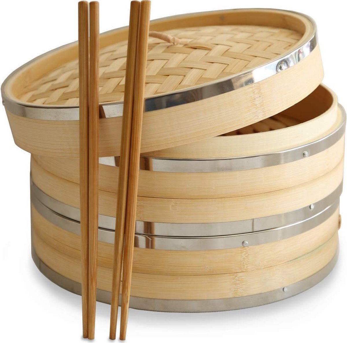 Premium stomer van 25 4 cm gemaakt van biologisch bamboe uit . 2 grote bamboestoomboten. Versterkt met roestvrij staal hoge kwaliteit en duurzaam. Ideaal voor dim sum groenten vlees en vis. Inclusief eetstokjes