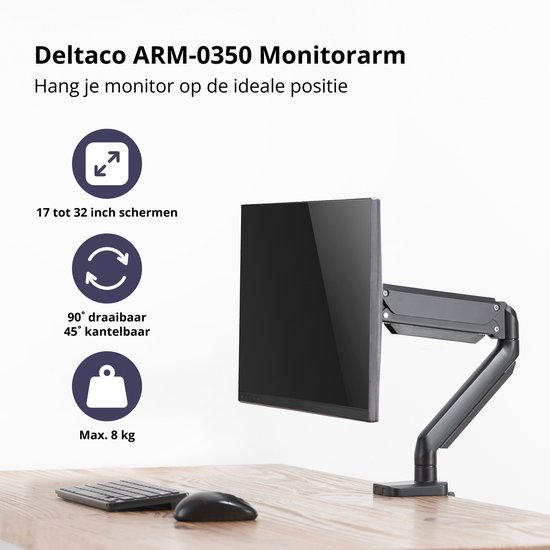 Deltaco ARM-0350 Supporto Per Monitor Da Scrivania – Fino A 32 Pollici (81,3 Cm) – Fissaggio A Morsetto O Bullone – Colore Nero