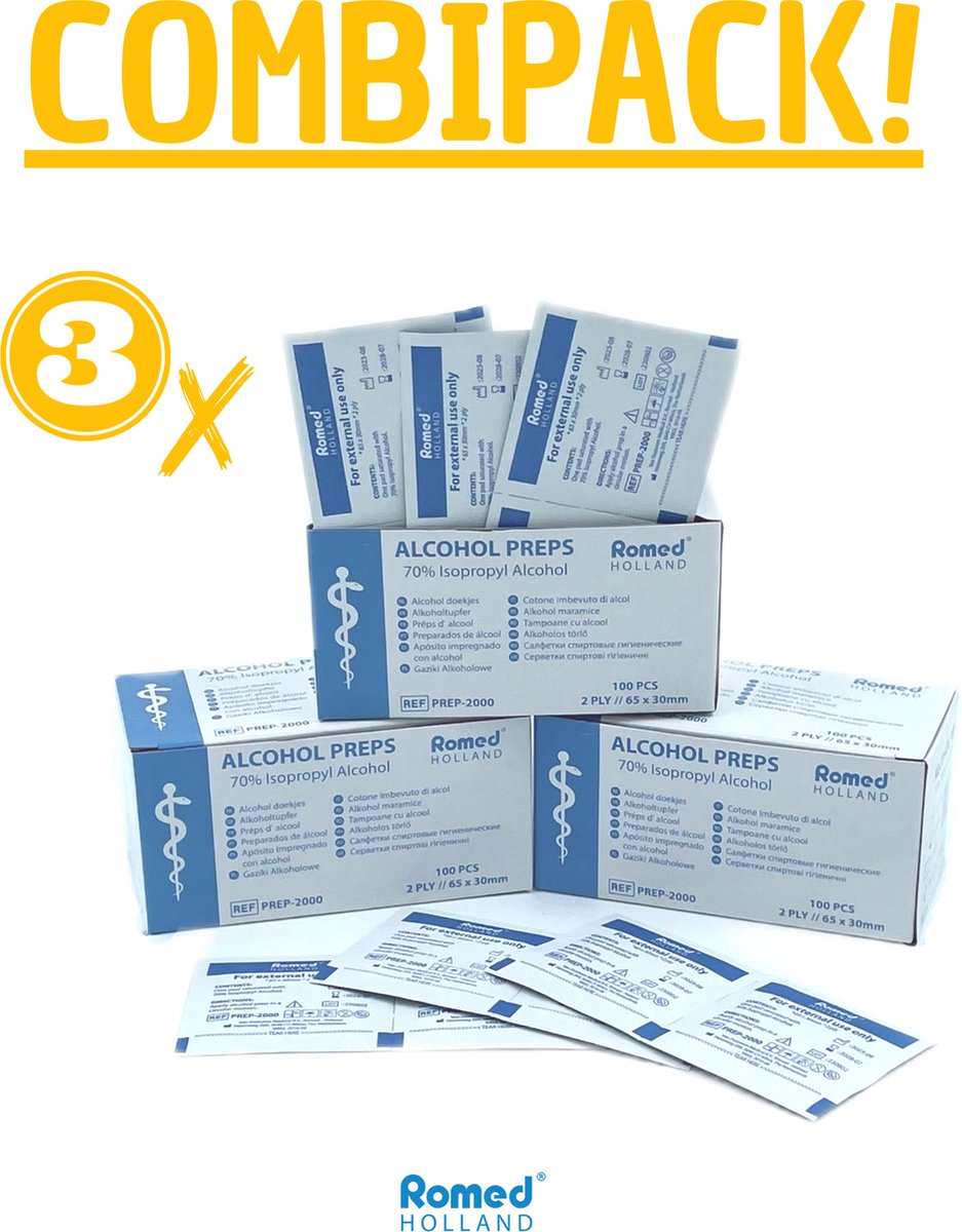 Goedkoopste Romed Alcoholdoekjes - 3-Pack - 3x 100 Stuks - Alcohol Pads Desinfectiedoekjes