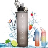 DiverseGoods Drinkfles - 1 L - Waterfles met Tijdmarkeringen en Rietje - Lekvrij - BPA-vrij - Sportdrinkfles voor School, Fiets, Buiten, Reizen, Yoga, Fitness - Zwart