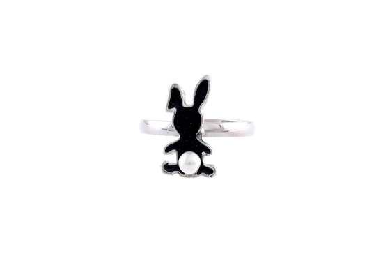 Behave Kinderring - konijn - parel - ring met konijntje - zwart - verstelbaar - maat 14.5