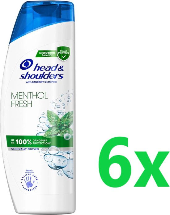 Bouteille de shampooing anti-pelliculaire Head & Shoulders Menthol Fresh de 400ml avec un bouchon vert, des feuilles de menthe et des bulles.