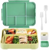 Bento Box - Lunchbox - Groen - Met 6 Compartimenten voor volwassenen en kinderen - incl. bestek en saus bakje