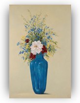 Blauwe vaas met bloemen 50x70 cm - Schilderij op canvas - Kunst - Schilderijen bloemen - Stilleven schilderij - Woonkamer decoratie