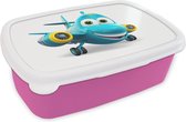 Broodtrommel Roze - Lunchbox Vliegtuig - Blauw - Kinderen - Jongens - Brooddoos 18x12x6 cm - Brood lunch box - Broodtrommels voor kinderen en volwassenen