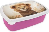 Broodtrommel Roze - Lunchbox Leeuw - Dieren - Kinderen - Bruin - Meisje - Brooddoos 18x12x6 cm - Brood lunch box - Broodtrommels voor kinderen en volwassenen