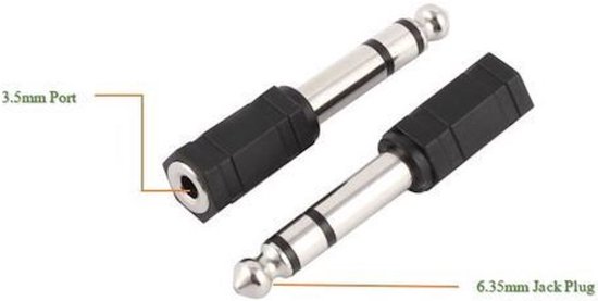 Audio adapter met 3.5mm poort en 6.35mm jack plug.