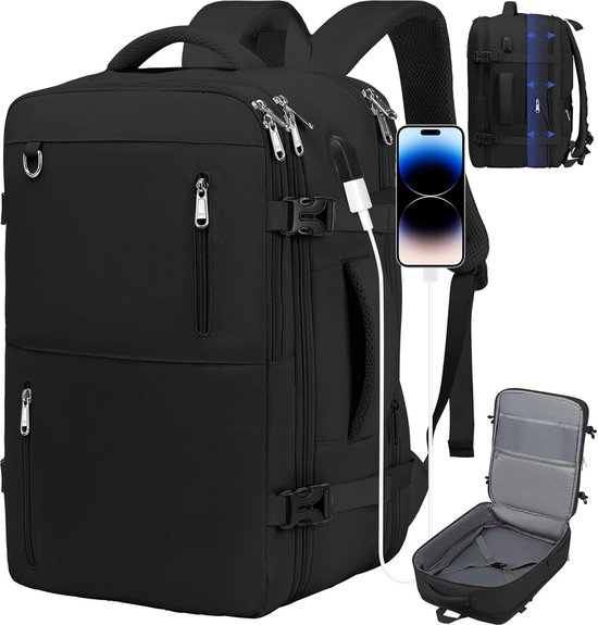 Travel Backpack for Men and Women, Large Carry-on Backpack, Expandable Carry-on Bag, 17 Inch Laptop Backpack for Travel, Hiking, Outdoor, Black, black