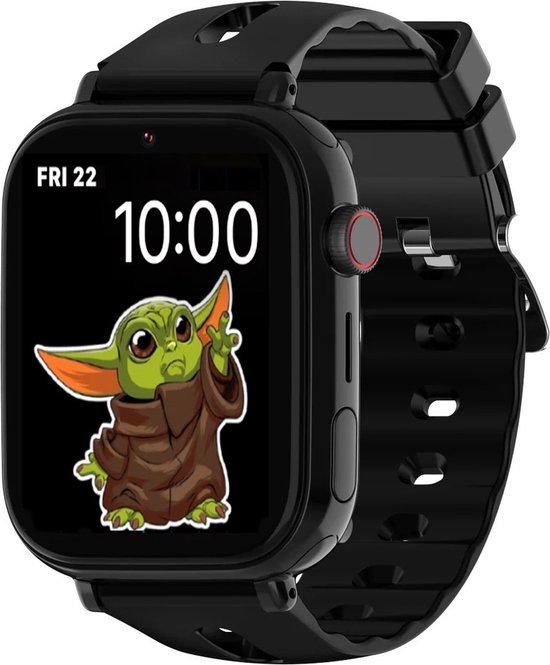 Zwarte smartwatch met zwart bandje, wijzerplaat met "FRI 22 10:00" en een afbeelding van Grogu (Baby Yoda).