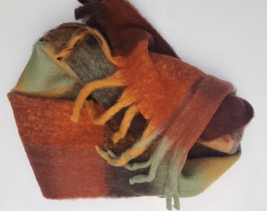 Sjaal - Warme wintersjaal - Wol Viscose - Dikke shawl - Geblokte sjaal - Omslagdoek - Camel