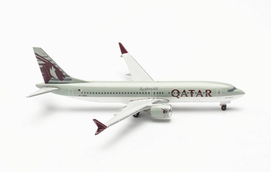 Foto: Herpa schaalmodel vliegtuig boeing 737 max 8 qatar airways a7 bsc schaal 1 500 lengte 7 9cm