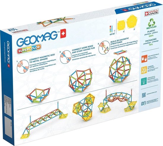 Achterkant van de doos van Geomag Supercolor, met instructies en voorbeelden van constructies.