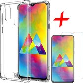 Hoesje geschikt voor Samsung Galaxy M20 - Anti Shock Proof Siliconen Back Cover Case Hoes Transparant - Tempered Glass Screenprotector