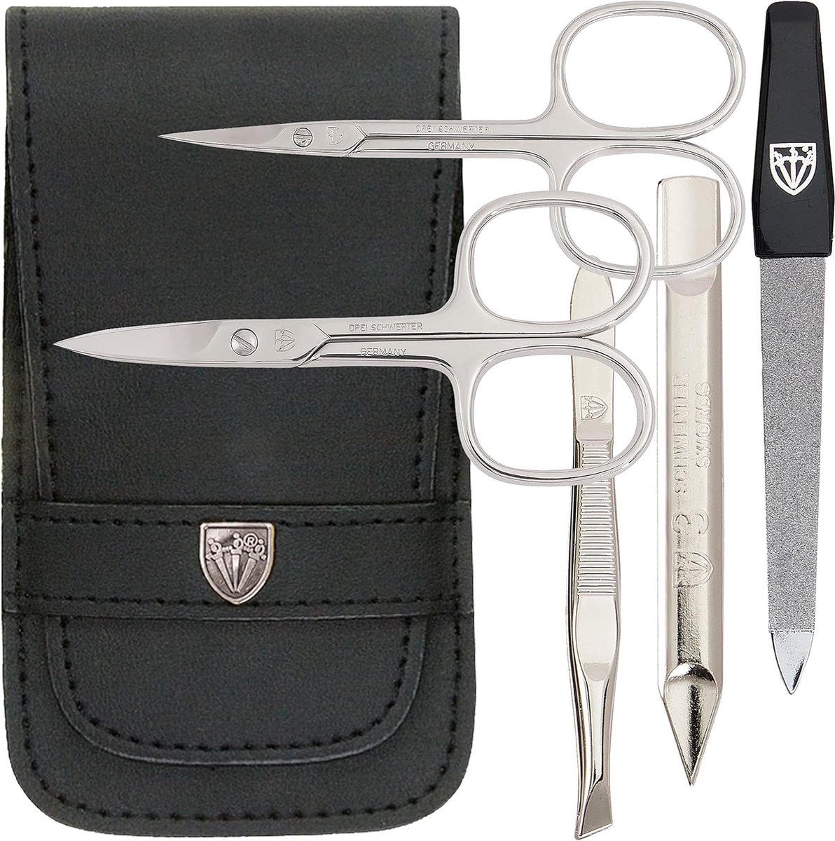 Goedkoopste 5-delig | manicureset nagelset etui in etui van echt leer zwart | Inhoud nagelschaar, huidschaar, pincet, saffiernagelvijl, nagelreiniger