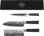 Ensemble de couteaux japonais Sumisu noir - Ensemble professionnel de 3 pièces - Couteau de chef Kiritsuke, couperet Nakiri et couteau à fileter Sujikihi - 100% acier damas (67 couches) - Coffret cadeau de luxe inclus