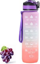 Flow Goods Motivatie Waterfles - Lila/Pastelroze – Drinkfles met Rietje – Waterfles 1 Liter – Waterfles met Tijdmarkeringen