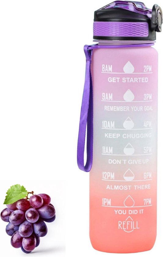 Foto: Flow goods motivatie waterfles lila zalmroze drinkfles met rietje waterfles 1 liter waterfles met tijdmarkeringen