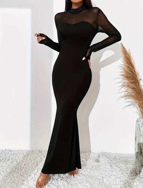 Sexy elegant jurk corrigerende zwarte maxi mesh feest kerst lichte stretch jurk speciale gelegenheidsjurk maat S