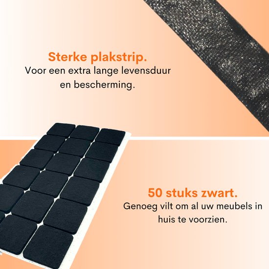 Zwarte vierkante vilten pads (50 stuks) voor meubels.