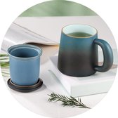 Tasse à thé avec passoire à thé et couvercle, 420 ml (pleine capacité), tasse en céramique, grandes tasses à thé avec passoire à thé en acier inoxydable, pour thé en vrac, ensemble dégradé bleu et noir avec poignée