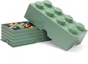 Groene Lego opbergbak met 8 noppen, met deksel open om de inhoud te tonen.