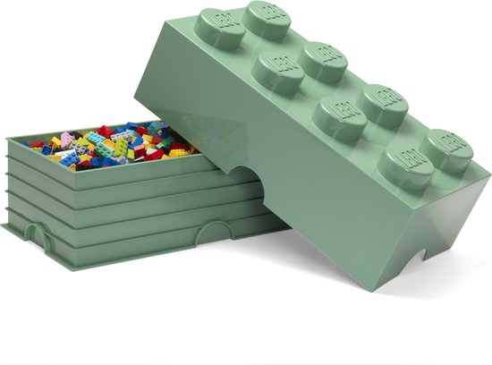 Groene Lego opbergbak met 8 noppen, met deksel open om de inhoud te tonen.