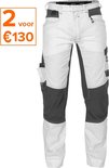 Werkbroek in wit met donkergrijze panelen en zakken. Aanbieding '2 voor €130' rechtsboven.