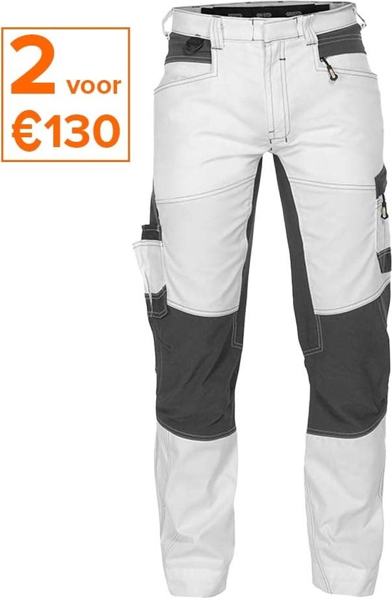 Werkbroek in wit met donkergrijze panelen en zakken. Aanbieding '2 voor €130' rechtsboven.