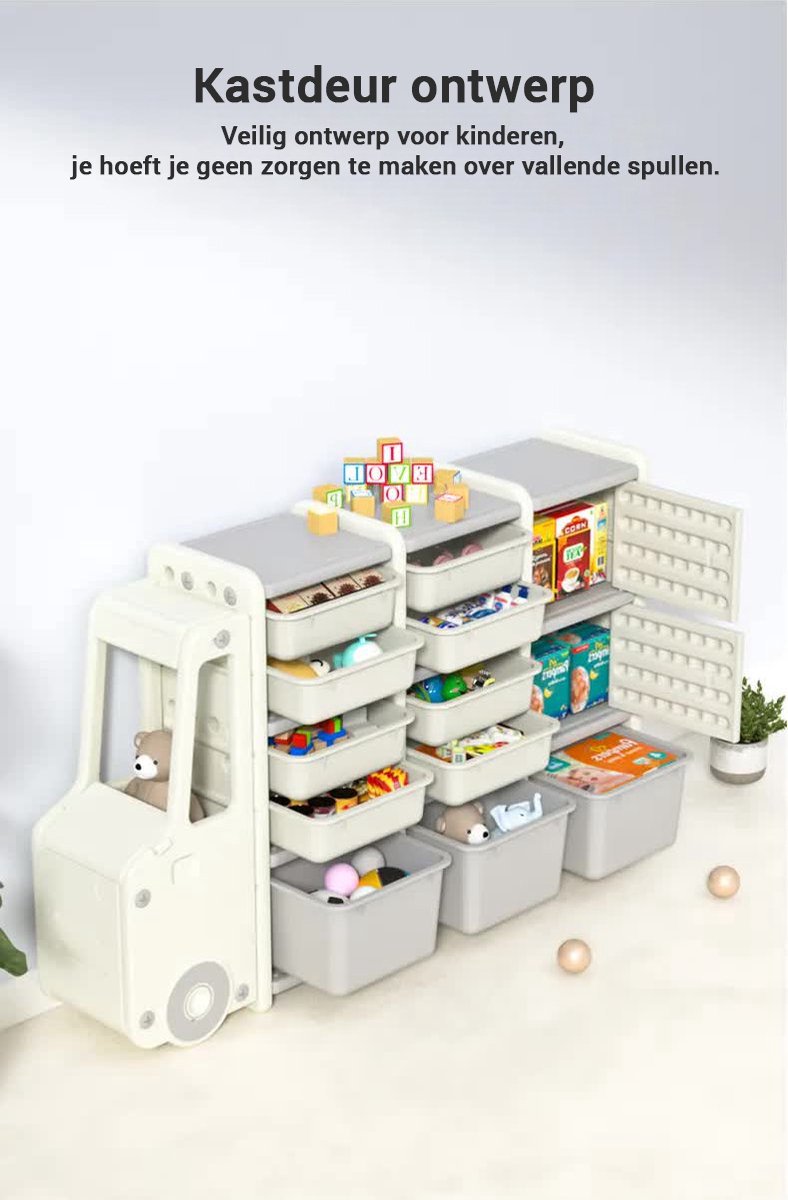 GOPLUS Kinderrek met 5 opbergvakken en 3 opvouwbare stoffen dozen, speelgoedrek, opbergrek voor kinderen, speelgoedorganizer met stabiele voetstand, ideaal voor kinderkamer (grijs