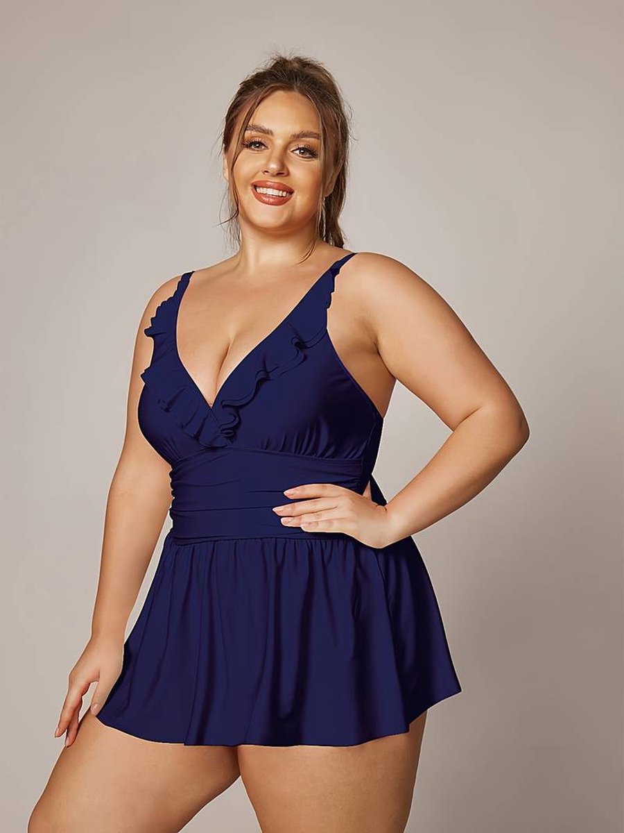 Elegante tankini set - Plus size effen kleur ruches aan de hals badpak - 2 delige tankini dames badmode - zwempal bikini strandkleding 002 - Navy — afbeelding 6