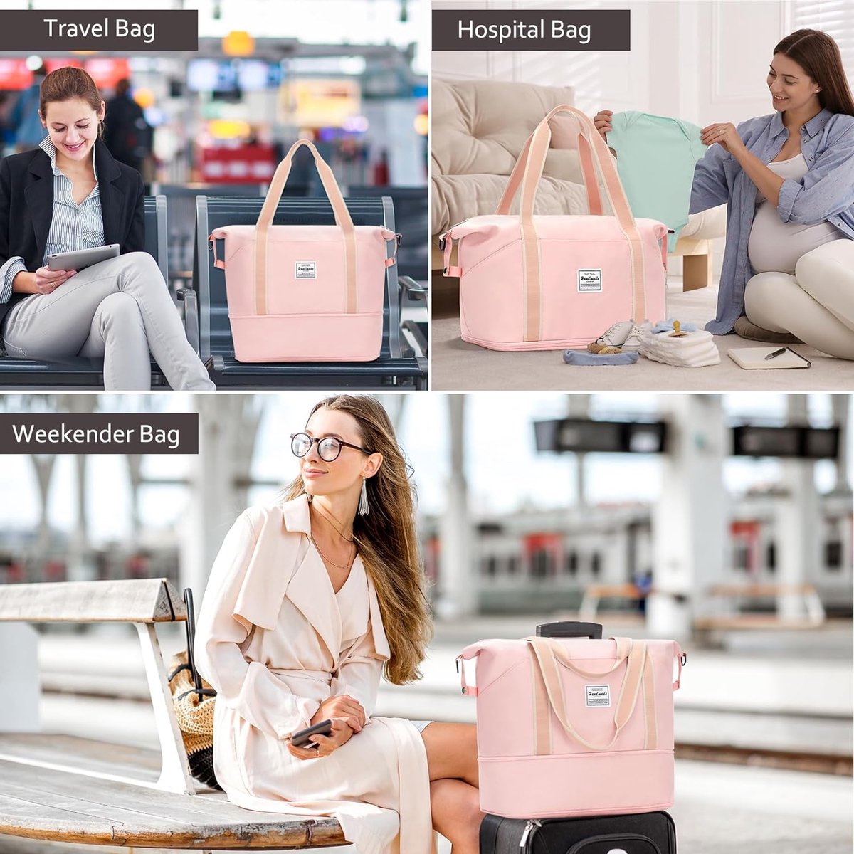 Sac De Voyage 2 En 1, Sac De Voyage Tendance, Pliable, Grand Sac De Sport En Cuir Synthétique Pour Femme, Valise à Suspendre, Sac De Voyage (rose