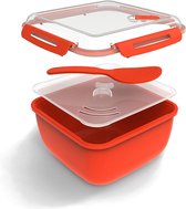 Memory Magnetron rijstkoker 2,5l met deksel en lepel voor de magnetron, kunststof (PP) BPA-vrij, rood/transparant, 2,5l (19,5 x 19,5 x 12,1 cm)