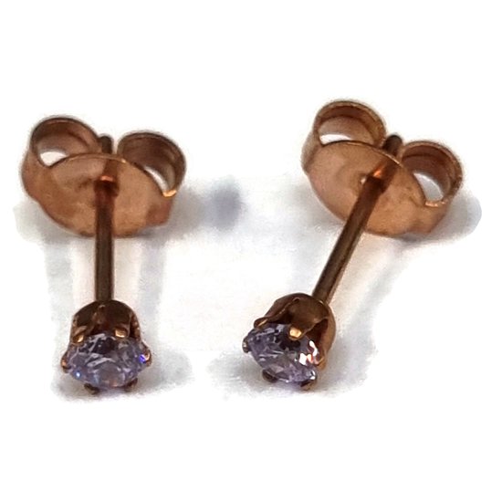 Aramat jewels ® - Zweerknopjes rond zirkonia rosékleurig paars staal 3mm
