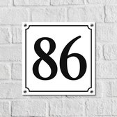 Huisnummerbord Wit Dibond Deluxe - Nummer 86 - incl. bevestiging | - naambord - nummerbord - voordeur | formaat 12 x 12 cm | - huisnummerbordje - nummerbord - voordeur