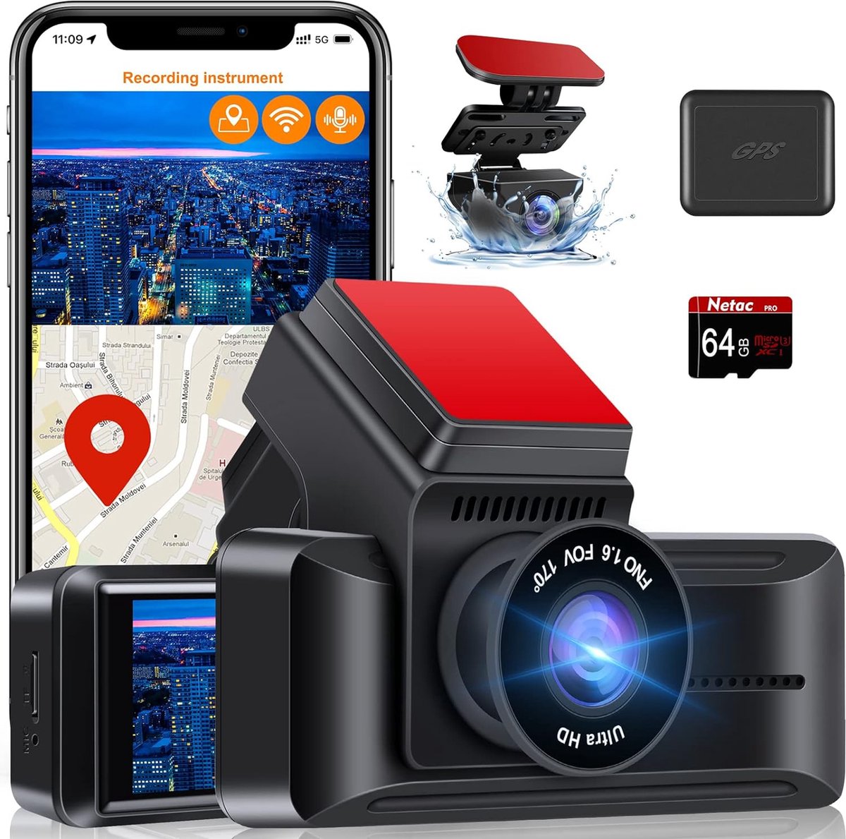 4K Dashcam Autocamera met WiFi GPS Dash Cam