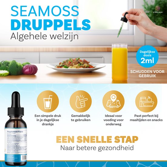 Bruine druppelfles met etiket, naast een keukenblad met een glas sap, eten, groenten en icoontjes voor dagelijkse inname, gebruiksgemak en maaltijden.
