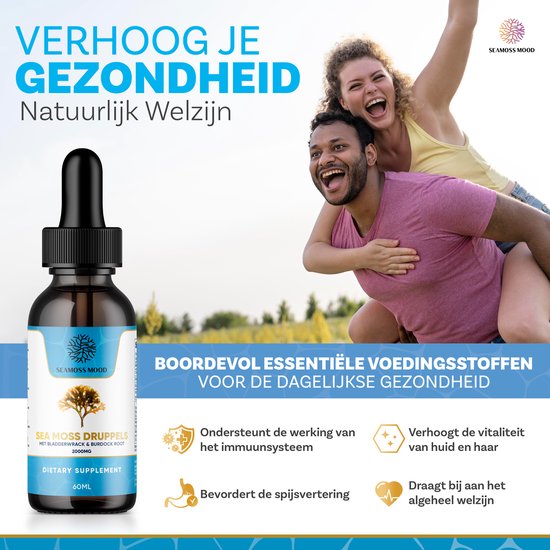 Bruine druppelfles met SeaMossMood etiket, naast een vrolijk koppel dat elkaar omhelst, met tekst over het verhogen van de gezondheid met essentiële voedingsstoffen.
