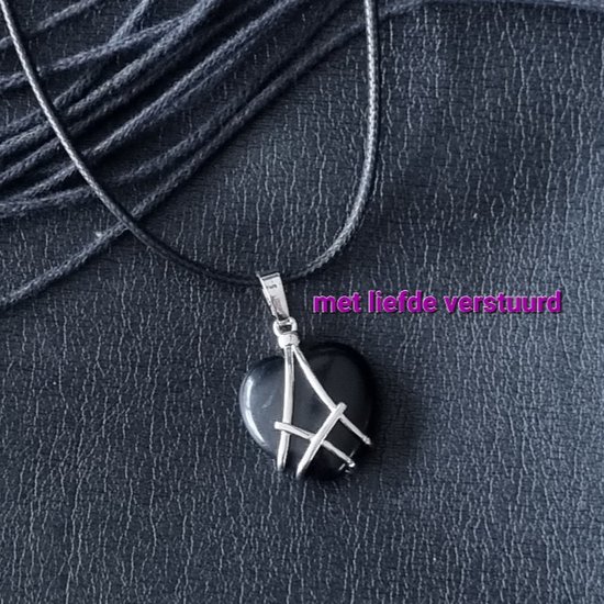 Foto: Edelsteen met leren ketting zwarte onyx hart hanger