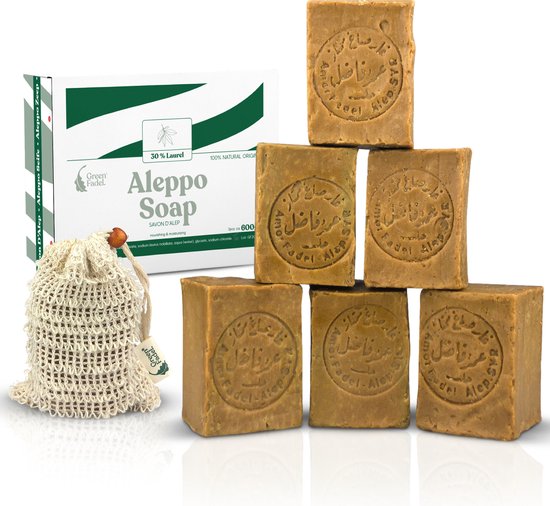 Green Fadel Aleppo Zeep Laurier - Olijf en 30 % Laurier - Natuurlijke Zeep - 6 x 200 gram - Incl. Zeepzakje