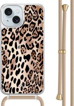 Casimoda® - Coque iPhone 15 avec cordon beige - Imprimé léopard marron - Cordon amovible - TPU/acrylique