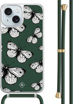 Casimoda® hoesje met groen koord - Geschikt voor iPhone 15 - Vlinders - Afneembaar koord - TPU/acryl - Groen