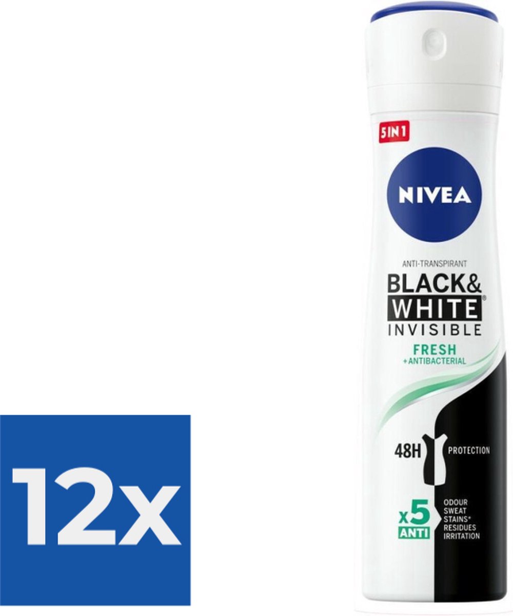 Goedkoopste NIVEA Deodorant Spray Invisible Fresh For Black & White - 150 ml - Voordeelverpakking 12 stuks
