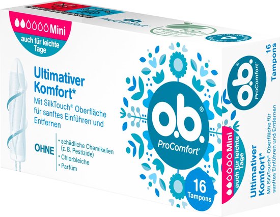Doos met 16 o.b. ProComfort Mini tampons. Met SilkTouch oppervlak. Zonder schadelijke chemicaliën, chloorbleek en parfum. Bloemenmotief.