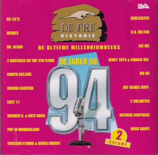 CD-hoes met de titel 'De Pre Historie' en 'De Jaren 90', een grote zilveren '94' met een microfoon, en lijsten met artiesten.